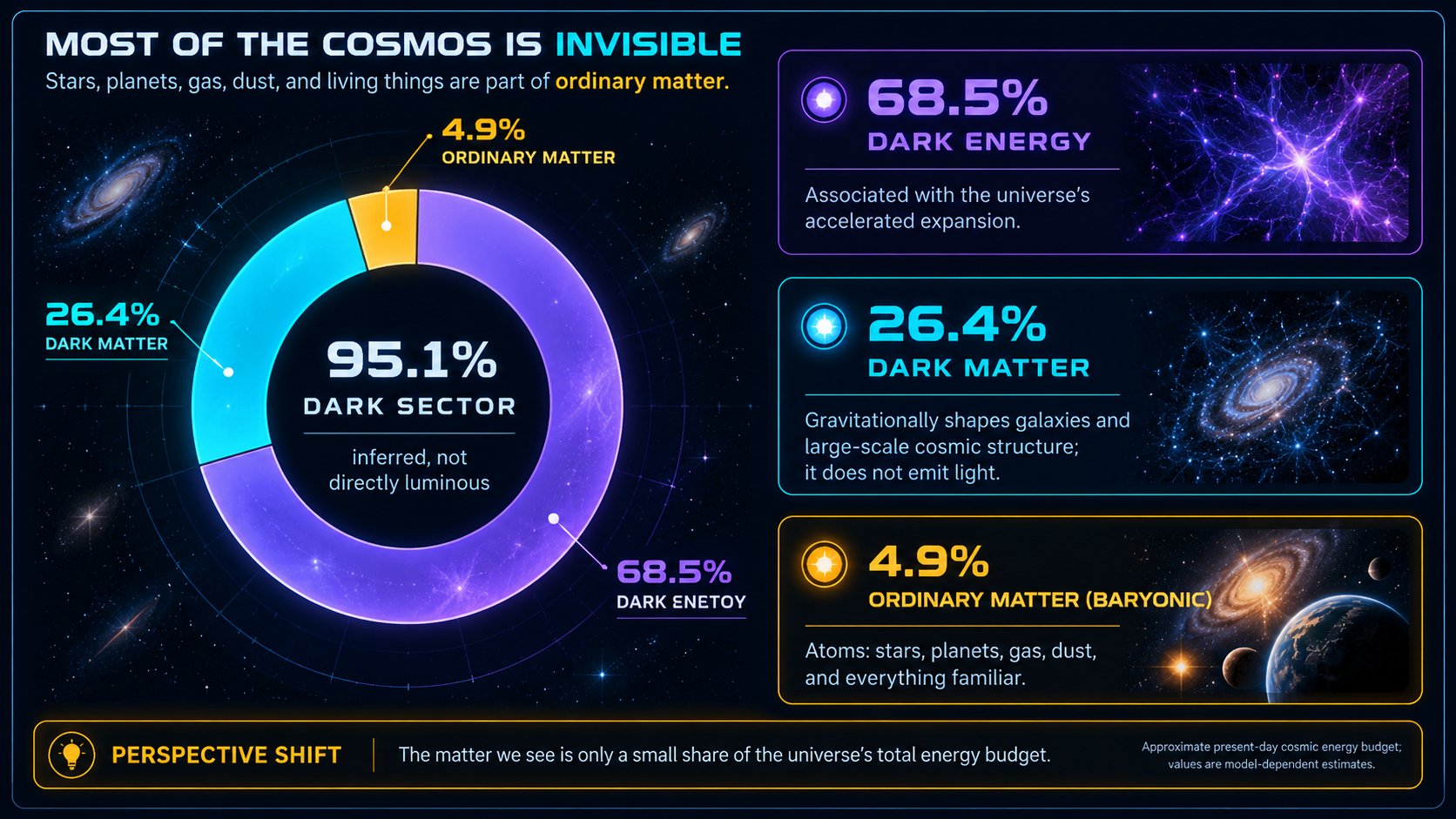 Cosmic Mass-Energy Inventory: Dark Energy 68.5%, Dark Matter 26.6%, and Ordinary Matter 4.9%